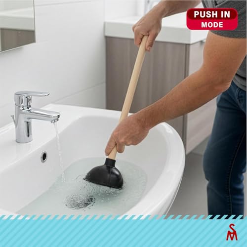 Heavy Duty Rubber Toilet Plunger Set - Black, Double Thrust Force, 3 Pack with 18" Wooden Handle