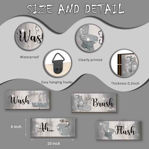 FENCORDAR 4 Pcs Silver Bathroom Decor Abstract Grey Black White Wall Decor Wooden Silver Bathroom Accessories Modern Funny Glitter Wall Art for Home Toilet Decoration 10x4 Inches