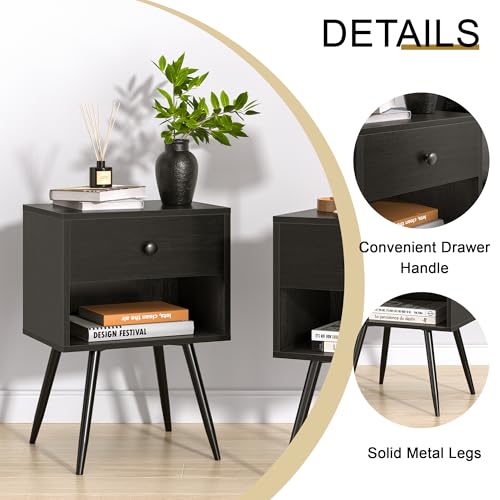 VECELO Black Nightstands Set of 2 | Modern Mid Century Bedside Tables with Storage Drawer & Open Shelves