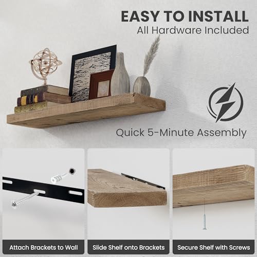 Floating Shelves Set of 2 - Rustic Reclaimed Wood Wall Storage with Heavy-Duty Invisible Brackets - 30 Inch Natural Distressed