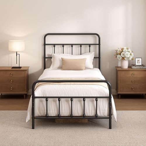 Black Twin Metal Bed Frame with Headboard and Footboard - Sturdy Steel, Underbed Storage