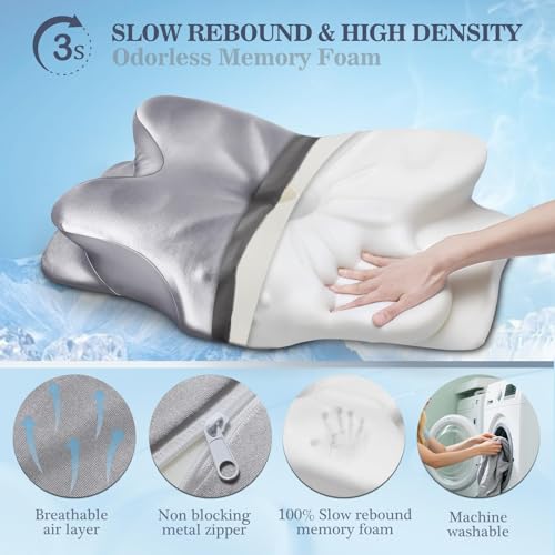 CCidea Silver Grey Cervical Neck Support Pillow with Removable Satin Cover – Ergonomic Memory Foam for Pain Relief & All Sleep Positions