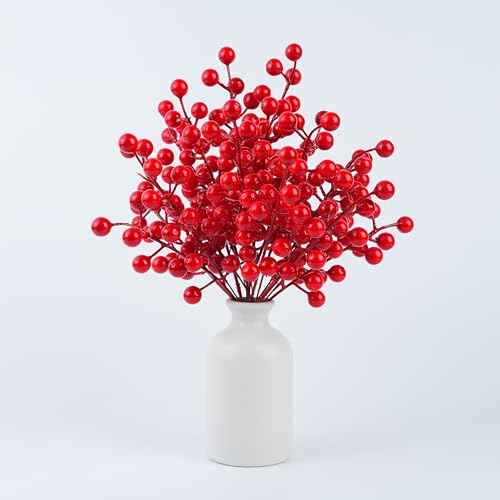 Artificial Red Berry Picks, Holiday Christmas Winter Decorative Stems, 24 Pieces