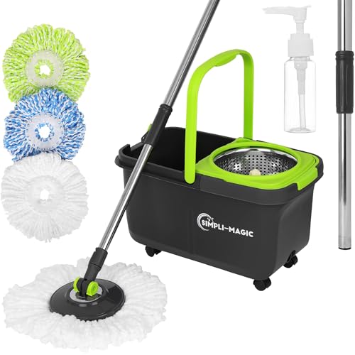 Black/Green Spin Mop and Bucket Set with Microfiber Heads & Soap Dispenser