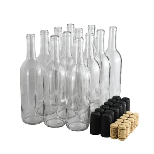750ml Clear Wine Bottles with Cork and Shrink Sleeves - Bordeaux Style, 12-Pack