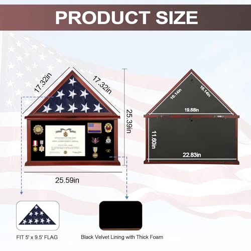 Military Flag Display Case - Pentagon Mahogany for 5' x 9.5' Flag - Wall & Table Mount