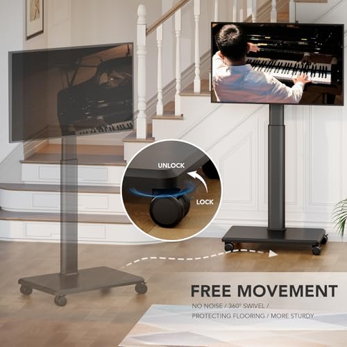 Black Portable Floor TV Stand with Wheels, 27-65 Inch Adjustable Swivel, Max 88 lbs