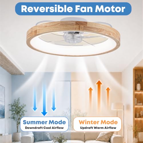20-Inch Wooden Low Profile Ceiling Fan with Light and Remote - Dimmable & Reversible