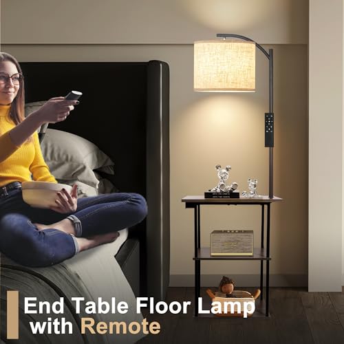 PESRAE Rustic Brown Floor Lamp with Table & Remote Control - 3-Tier Side Table with Charging Station