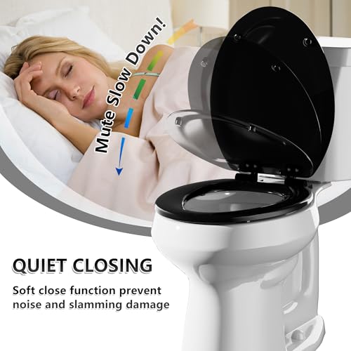Elongated Wooden Toilet Seat with Quiet-Close & Quick-Release Hinges - Black, 18.5"