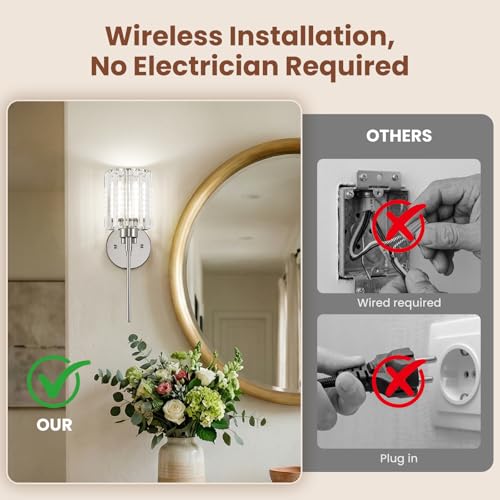 2-Pack Chrome Wireless Crystal Wall Sconces with Dimmable Bulbs, Remote & 12 Colors