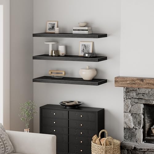 QEEIG 12" Deep Floating Shelves for Wall (Black, Set of 3, 35.4" x