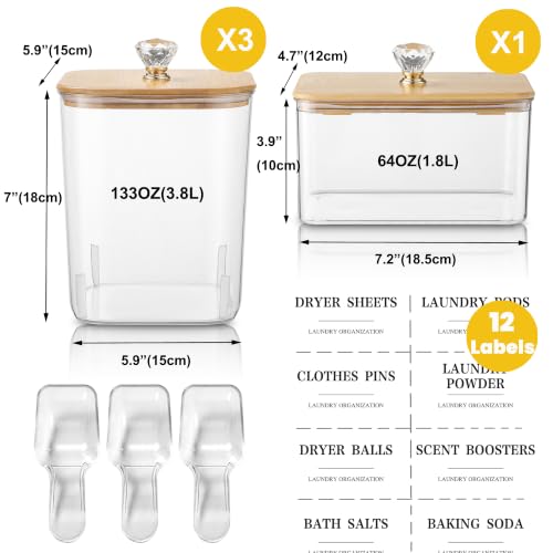 4 Pack Clear Laundry Pods & Dryer Sheet Organizer Set with Printed Labels