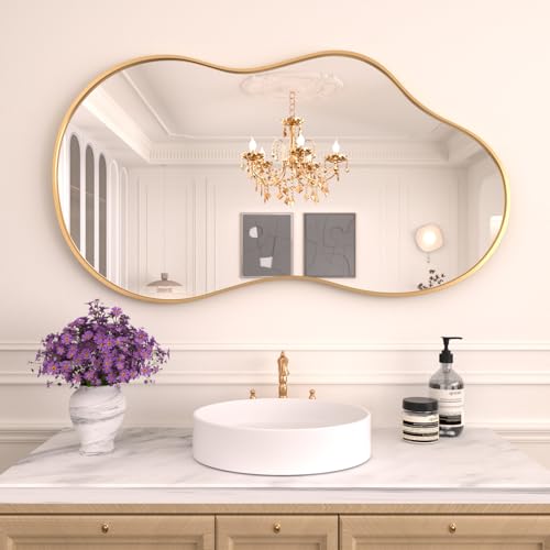 Gold Irregular Wall Mirror for Bathroom 36 Inch x 20 Inch - Modern Decorative Design