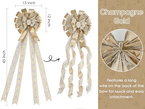 Champagne Gold Christmas Tree Topper Bow 13x45 in - HUIHUANG (Blue & White Variant) - Large Wire Ribbon 3-Design