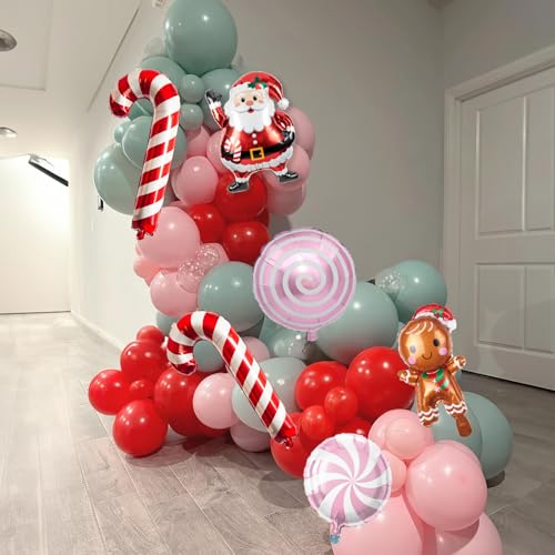Togvu Christmas Balloon Garland Kit - Red Pink Green Candy Cane Foil Balloons, 128 Latex Balloons & 6 Foil Balloons