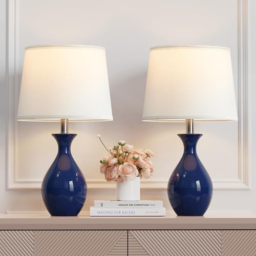 PARTPHONER Navy Blue Ceramic Table Lamps Set of 2 - Modern Bedside Nightstand Lamps for Bedroom & Living Room