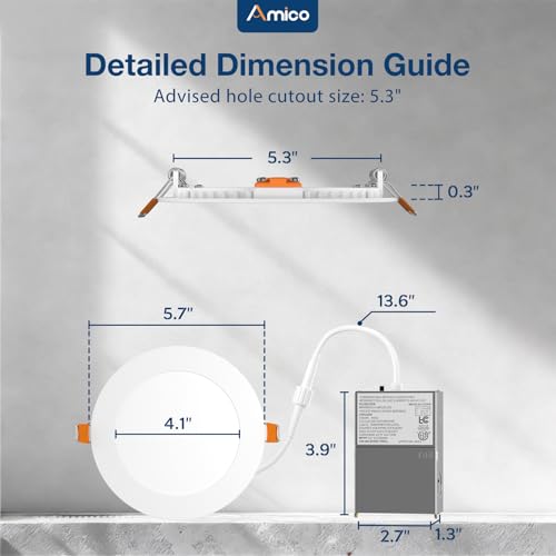 Amico 6 Pack 5 Inch Ultra-Thin LED Recessed Ceiling Lights - Dimmable, 5 Color Temp