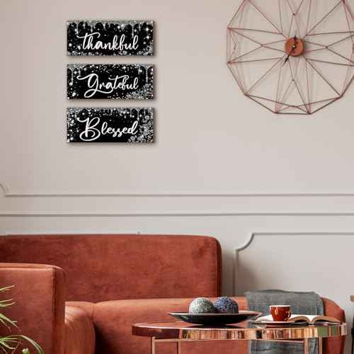 Wenqik 3 Pcs Glitter Wooden Thankful Wall Decor Diamond Grateful Blessed Wall Decor Thanksgiving Wooden Black Silver Shiny Hanging Sign Christmas Decoration Wood Gift for Home Bathroom