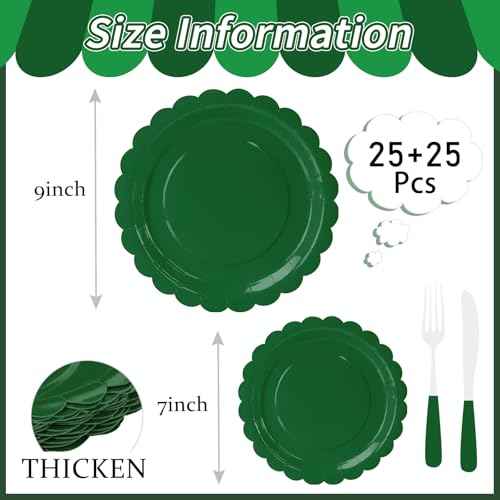50 Pcs Green Scalloped Paper Plates 25 ¡¿ 7'' and 25 ¡¿ 9'' Disposable Green Scalloped Dinner Plates for Wedding Baby Shower Birthday Party Disposable Dessert Plate