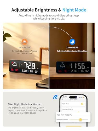 Large Digital Wall Clock with Weather & Network Sync - Black