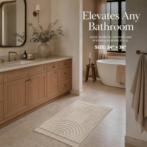 Cream Cotton Boho Bathroom Rug 2x3 ft with Tassels - KIBAGA