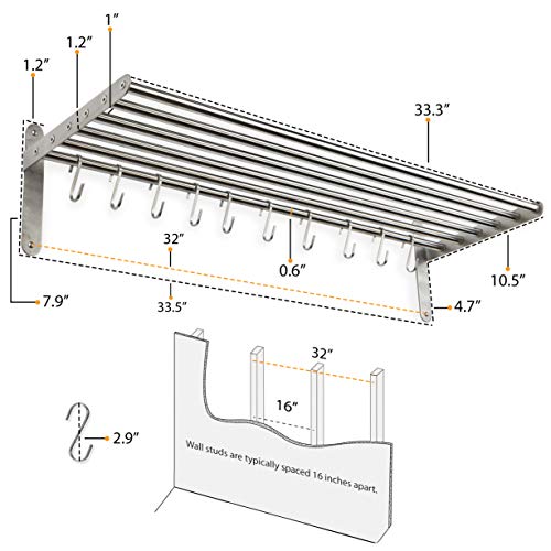 Stainless Steel Wall Mount Pot Rack with 10 Hooks for Kitchen Organization