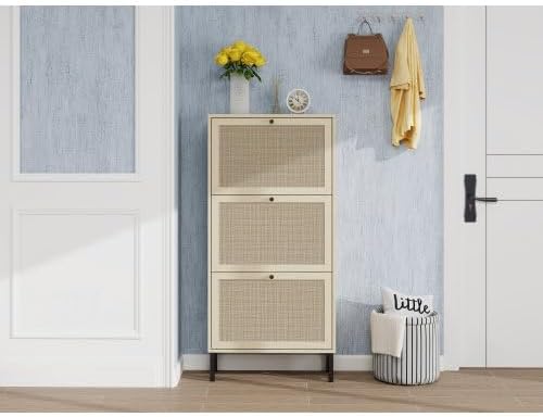 ZeHuoGe Natural Rattan Shoe Storage Rack - Modern 3-Tier Cabinet with 3 Flip Drawers for Heels & Slippers
