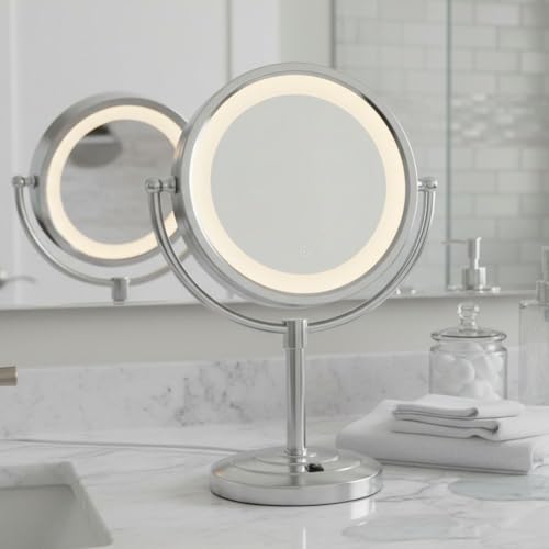 Lighted Makeup Mirror with 5X Magnification and Built-In Outlet - Nickel Finish