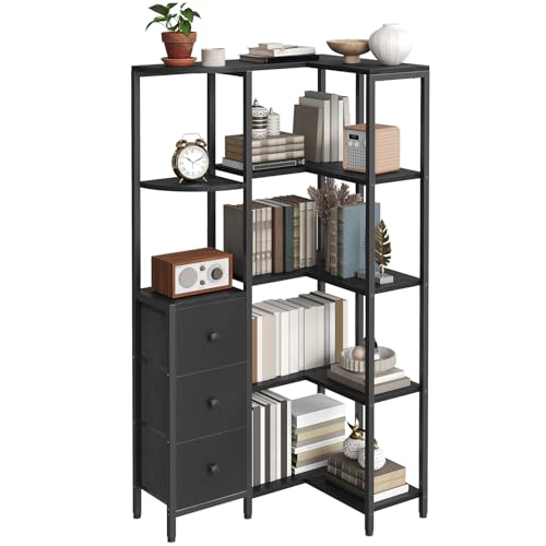 YATINEY Black Corner Bookshelf 5-Tier L-Shaped Bookcase with Fabric Drawers