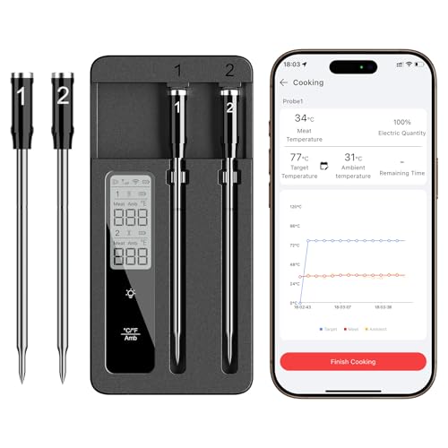 ROUUO Gray Wireless Meat Thermometer with 2 Probes, WiFi & Magnetic Base