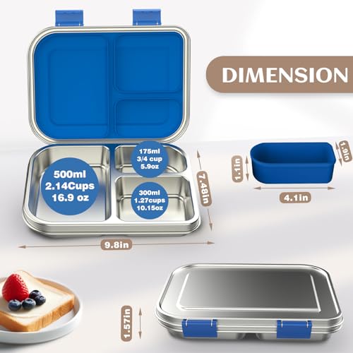 BABHAMNESS Stainless Steel Bento Box Kids, 3 Compartments Leak Proof
