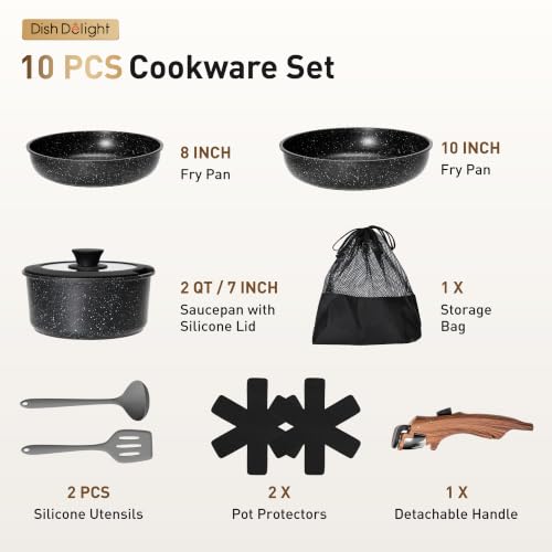 DishDelight 10-Piece Non-Stick Cookware Set with Removable Handles - Black