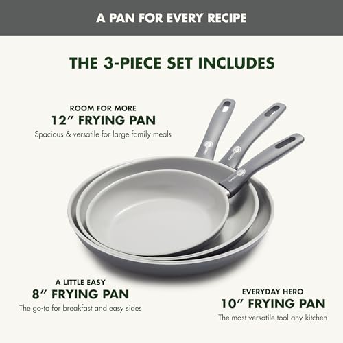 GreenPan Dover 8, 10 & 12-Inch Ceramic Nonstick Frying Pan Set - Gray, Toxin-Free, Oven & Dishwasher Safe