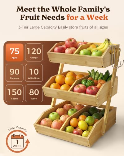 Natural Bamboo 3-Tier Fruit Basket with 2 Banana Holders - Kitchen Organizer