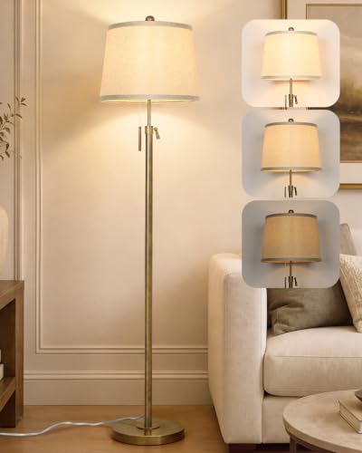 Antique Brass Adjustable Floor Lamp with Beige Shade - 55 to 65 Inches Tall, 3 Brightness Levels