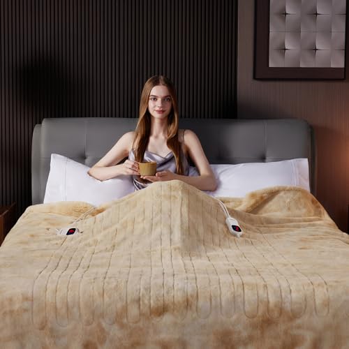 Guohaoi Beige 90x100-Inch Faux Rabbit Fur Heated Blanket with 10 Heat Settings