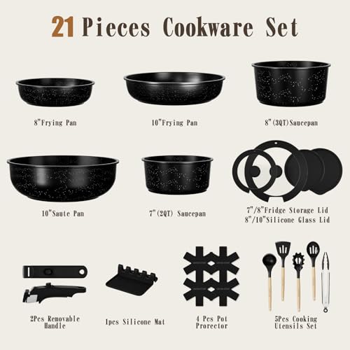 Umite Chef Black 21-Piece Non-Stick Ceramic Cookware Set with Detachable Handles