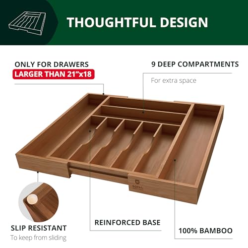 Brown Bamboo Expandable Kitchen Drawer Organizer - Silverware & Utensil Tray with Grooved Dividers, 9 Slots