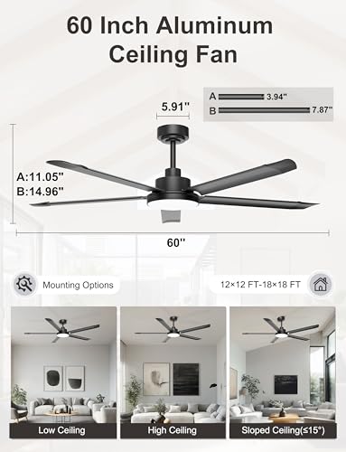 60-Inch Black Industrial Ceiling Fan with Light, Remote & App Control