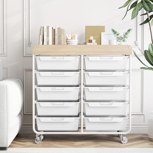 TOOLF White 10 Drawer Mobile Craft Storage Cart with Wood Top
