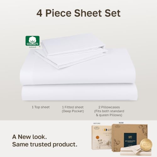 California Design Den Queen Cotton Sateen Sheets Set - Bright White, 4 Pc, Natural, Breathable, Softened with Wash, Deep Pockets