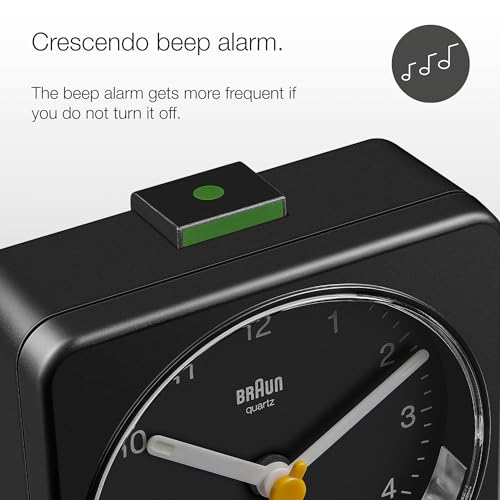 Small Analogue Alarm Clock with Snooze Light & Crescendo Beep - Black