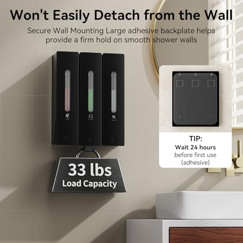 Wall-Mounted Shampoo and Conditioner Dispenser Set - No-Drill 1200ML Capacity - Black 3-Pack