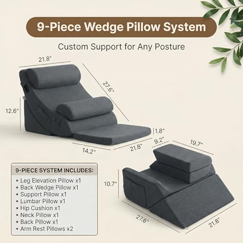 Axelrod 9PCS Orthopedic Bed Wedge Pillow Set Melange Gray - Post Surgery Support