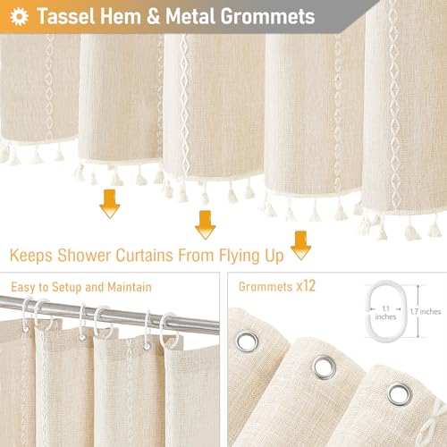 Long Boho Farmhouse Linen Shower Curtain - Cream / 72x84 Inches - Heavy Duty & Water-Resistant with Tassels - Pack of 1