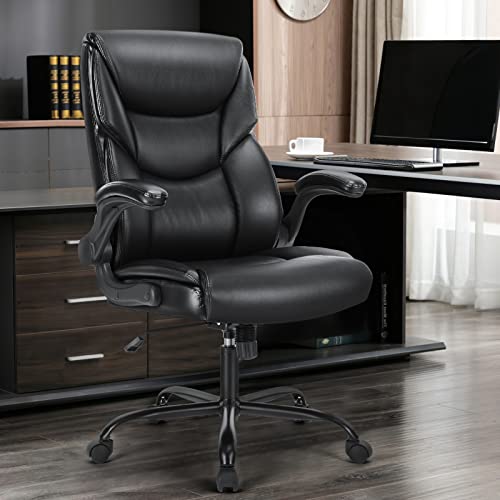OLIXIS Black PU Leather Ergonomic Office Desk Chair with Flip-up Armrests