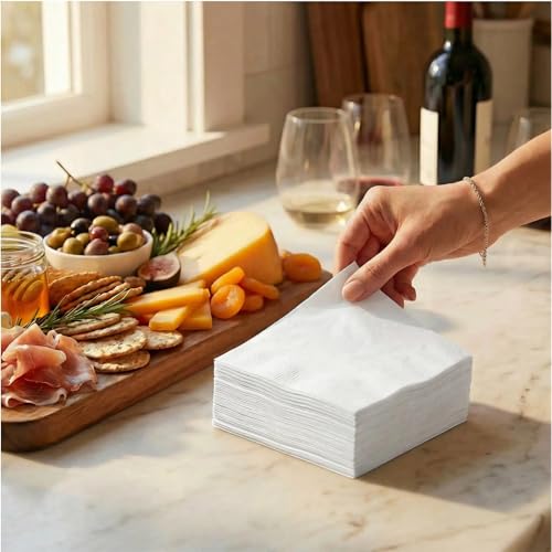 White Cocktail Napkins - 4.75 x 4.75 Inch Linen-Like Disposable Square Set of 600 - Elegant Party & Wedding Beverage Serviettes