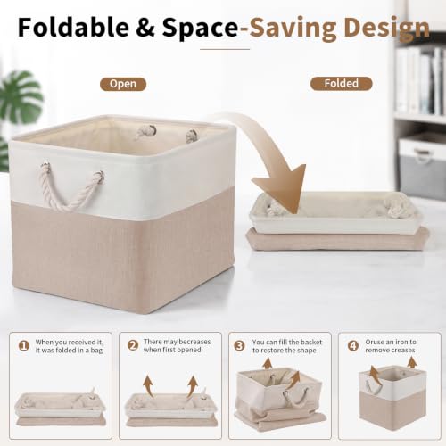 ISEMINGLA Foldable Fabric Storage Baskets 13x15x13 Inches, White & Beige, 6 Pack - Large Organizers for Clothes, Toys, Books