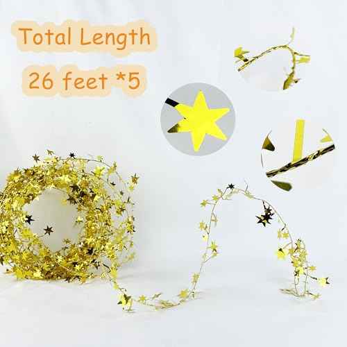 5 Rolls 130 Ft Gold Tinsel Stars Brace Star Tinsel Wire Garland for Home Wedding Birtahday Party Decorations